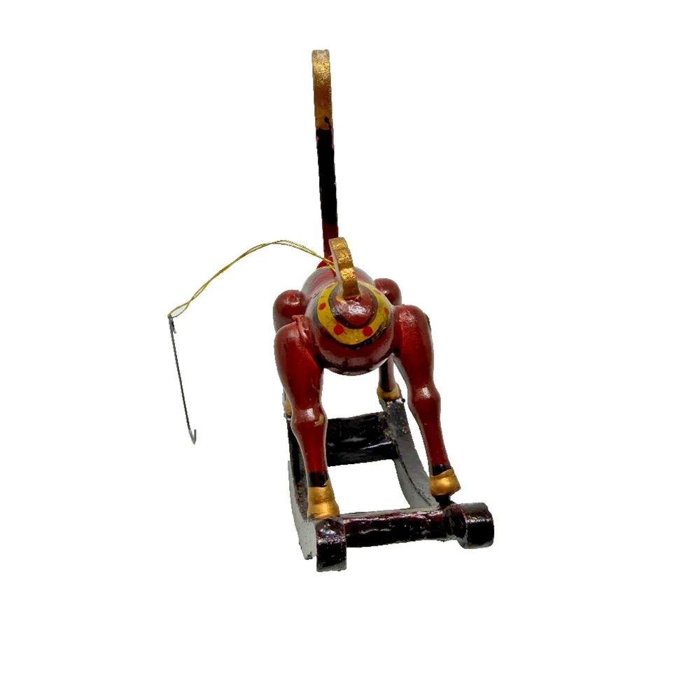 Vintage Hand Painted Wooden Rocking Reindeer Ornament w/ Bell 4.5